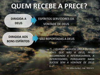 QUEM RECEBE A PRECE?
  DIRIGIDA A     ESPÍRITOS SERVIDORES DA
     DEUS           VONTADE DE DEUS


 DIRIGIDA AOS
                 SÃO REPORTADAS A DEUS
BONS ESPÍRITOS

                        “(...) QUANDO ALGUÉM ORA A OUTROS
                        SERES QUE NÃO A DEUS, FÁ-LO
                        RECORRENDO A INTERMEDIÁRIOS, A
                        INTERCESSORES, PORQUANTO NADA
                        SUCEDE SEM A VONTADE DE DEUS
                        (...)”
                                    ESE (Allan Kardec) - Cap. XXVII § 9
 