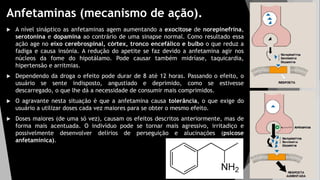 Anfetaminas (mecanismo de ação).
 A nível sináptico as anfetaminas agem aumentando a exocitose de norepinefrina,
serotonina e dopamina ao contrário de uma sinapse normal. Como resultado essa
ação age no eixo cerebrospinal, córtex, tronco encefálico e bulbo o que reduz a
fadiga e causa insónia. A redução do apetite se faz devido a anfetamina agir nos
núcleos da fome do hipotálamo. Pode causar também midríase, taquicardia,
hipertensão e arritmias.
 Dependendo da droga o efeito pode durar de 8 até 12 horas. Passando o efeito, o
usuário se sente indisposto, angustiado e deprimido, como se estivesse
descarregado, o que lhe dá a necessidade de consumir mais comprimidos.
 O agravante nesta situação é que a anfetamina causa tolerância, o que exige do
usuário a utilizar doses cada vez maiores para se obter o mesmo efeito.
 Doses maiores (de uma só vez), causam os efeitos descritos anteriormente, mas de
forma mais acentuada. O indivíduo pode se tornar mais agressivo, irritadiço e
possivelmente desenvolver delírios de perseguição e alucinações (psicose
anfetamínica).
 
