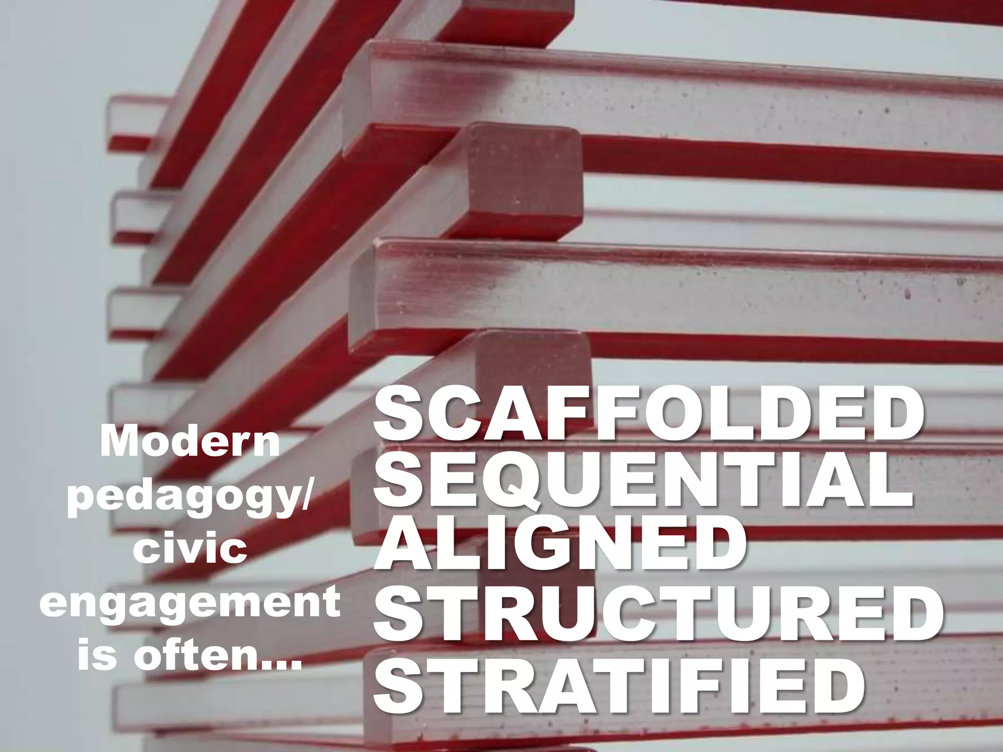 Modern
pedagogy/
civic
engagement
is often…
SEQUENTIAL
SCAFFOLDED
ALIGNED
STRUCTURED
STRATIFIED
 