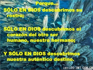 Porque…
SÓLO EN DIOS descubrimos su
rostro;
SÓLO EN DIOS descubrimos el
corazón del otro ser
humano, nuestro hermano;
Y SÓLO EN DIOS descubrimos
nuestra auténtico destino.