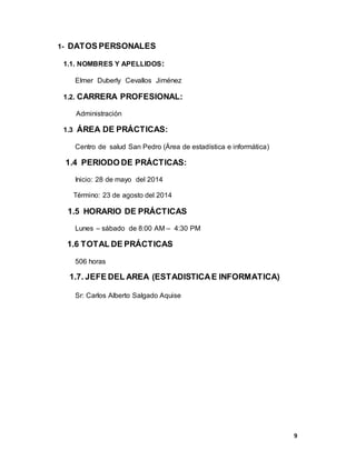 9
1- DATOS PERSONALES
1.1. NOMBRES Y APELLIDOS:
Elmer Duberly Cevallos Jiménez
1.2. CARRERA PROFESIONAL:
Administración
1.3 ÁREA DE PRÁCTICAS:
Centro de salud San Pedro (Área de estadística e informática)
1.4 PERIODO DE PRÁCTICAS:
Inicio: 28 de mayo del 2014
Término: 23 de agosto del 2014
1.5 HORARIO DE PRÁCTICAS
Lunes – sábado de 8:00 AM – 4:30 PM
1.6 TOTAL DE PRÁCTICAS
506 horas
1.7. JEFE DEL AREA (ESTADISTICAE INFORMATICA)
Sr: Carlos Alberto Salgado Aquise
 