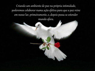 Criando um ambiente de paz na própria intimidade,
poderemos colaborar numa ação efetiva para que a paz reine
em nosso lar, primeiramente, e, depois possa se estender
mundo afora.
 