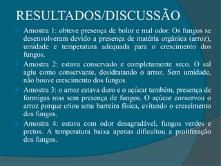 RESULTADOS/DISCUSSÃO
 Amostra 1: obteve presença de bolor e mal odor. Os fungos se
desenvolveram devido a presença de matéria orgânica (arroz),
umidade e temperatura adequada para o crescimento dos
fungos.
 Amostra 2: estava conservado e completamente seco. O sal
agiu como conservante, desidratando o arroz. Sem umidade,
não houve crescimento dos fungos.
 Amostra 3: o arroz estava duro e o açúcar também, presença de
formigas mas sem presença de fungos. O açúcar conservou o
arroz porque criou uma barreira física, evitando o crescimento
dos fungos.
 Amostra 4: estava com odor desagradável, fungos verdes e
pretos. A temperatura baixa apenas dificultou a proliferação
dos fungos.
 