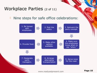 Workplace Parties         (2 of 11)


     Nine steps for safe office celebrations:




                     www.readysetpresent.com     Page 10
 