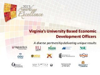 Virginia’s University Based Economic
Development Officers
A diverse partnership delivering unique results

 