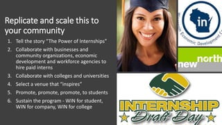 Replicate and scale this to
your community
1. Tell the story “The Power of Internships”
2. Collaborate with businesses and
community organizations, economic
development and workforce agencies to
hire paid interns
3. Collaborate with colleges and universities
4. Select a venue that “inspires”
5. Promote, promote, promote, to students
6. Sustain the program - WIN for student,
WIN for company, WIN for college
 
