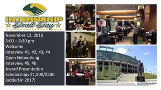 November 12, 2015
3:00 – 6:30 pm
Welcome
Interview #1, #2, #3, #4
Open Networking
Interview #5, #6
Award Presentation
Scholarships $1,500/$500
(added in 2017)
 
