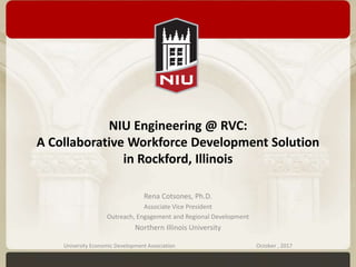 NIU Engineering @ RVC:
A Collaborative Workforce Development Solution
in Rockford, Illinois
Rena Cotsones, Ph.D.
Associate Vice President
Outreach, Engagement and Regional Development
Northern Illinois University
University Economic Development Association October , 2017
 