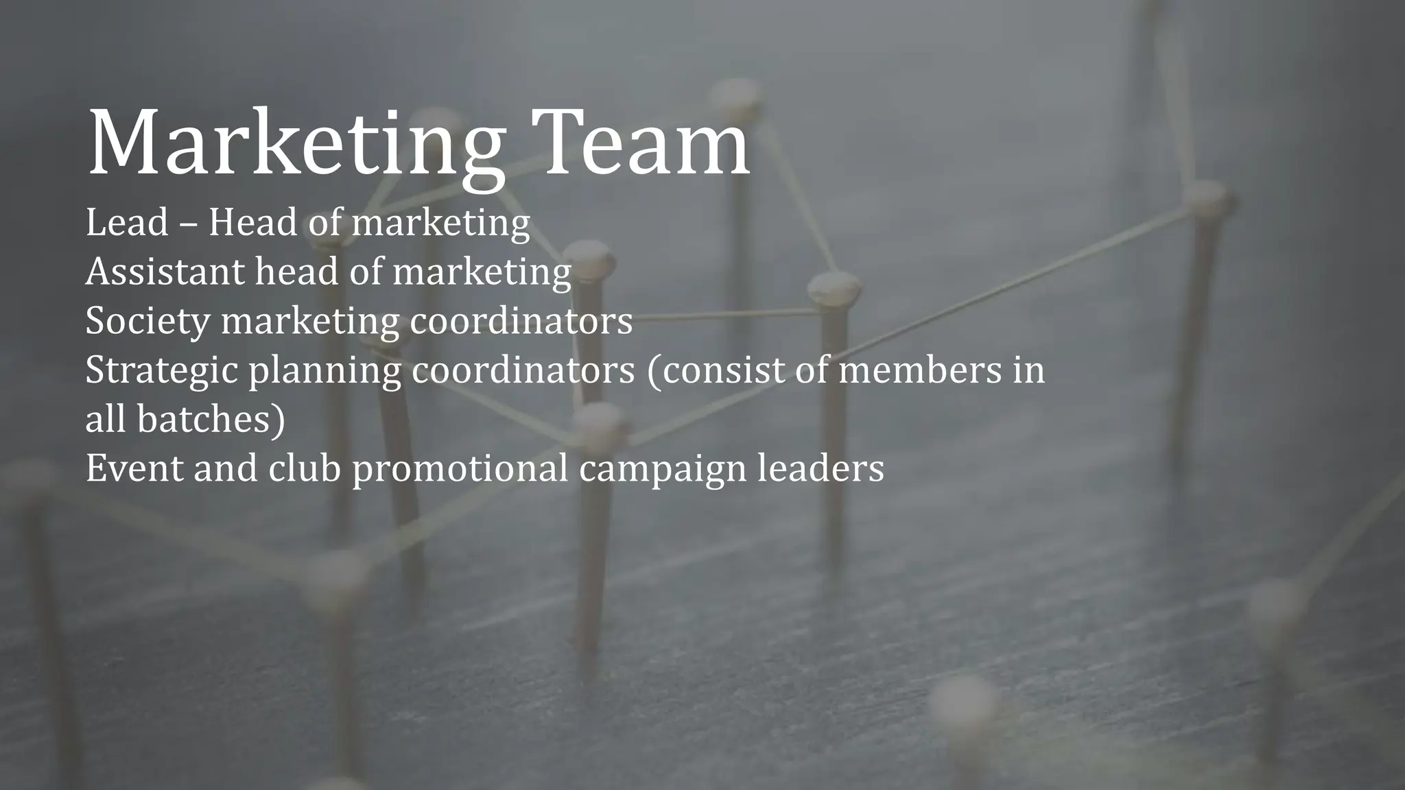 Marketing Team
Lead – Head of marketing
Assistant head of marketing
Society marketing coordinators
Strategic planning coordinators (consist of members in
all batches)
Event and club promotional campaign leaders
 
