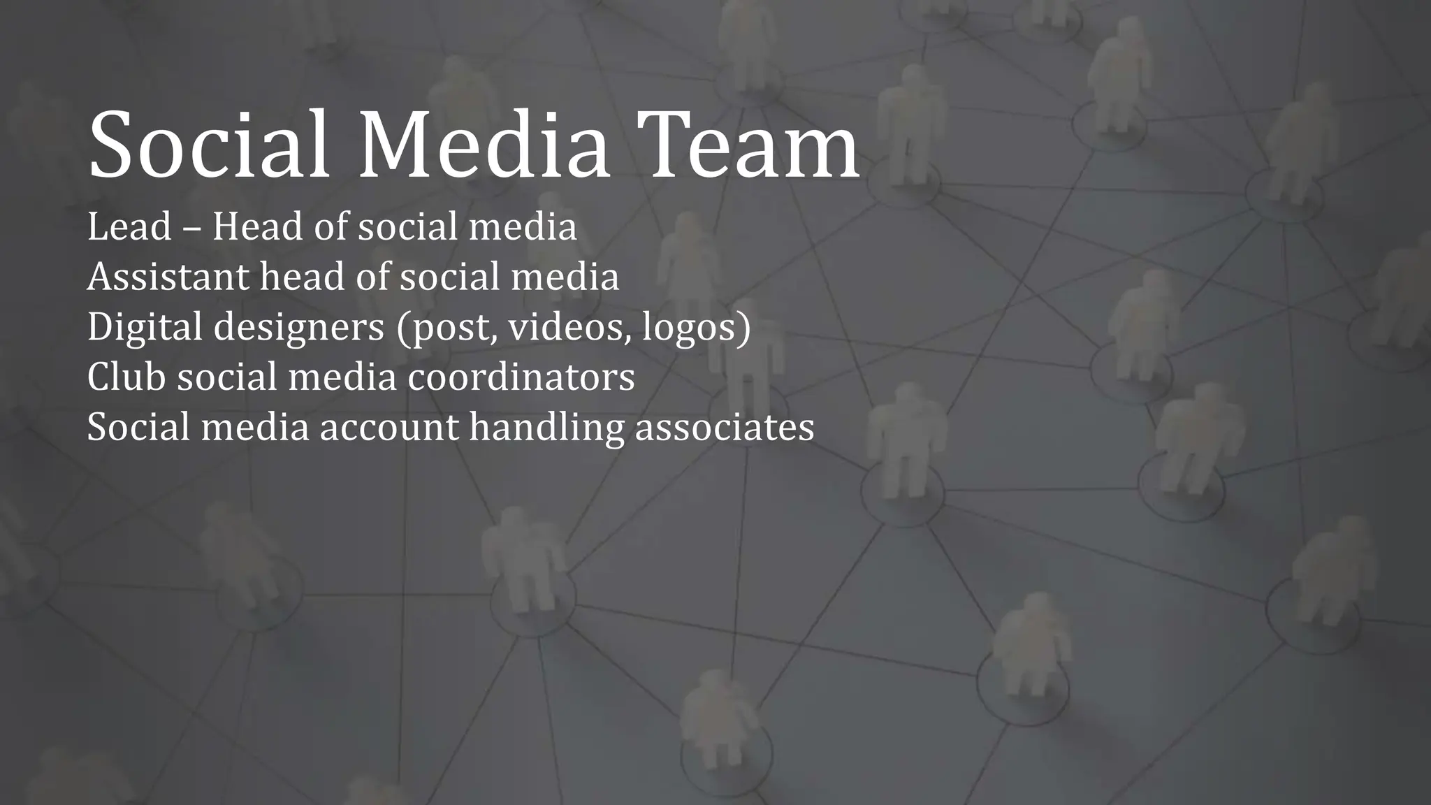 Social Media Team
Lead – Head of social media
Assistant head of social media
Digital designers (post, videos, logos)
Club social media coordinators
Social media account handling associates
 