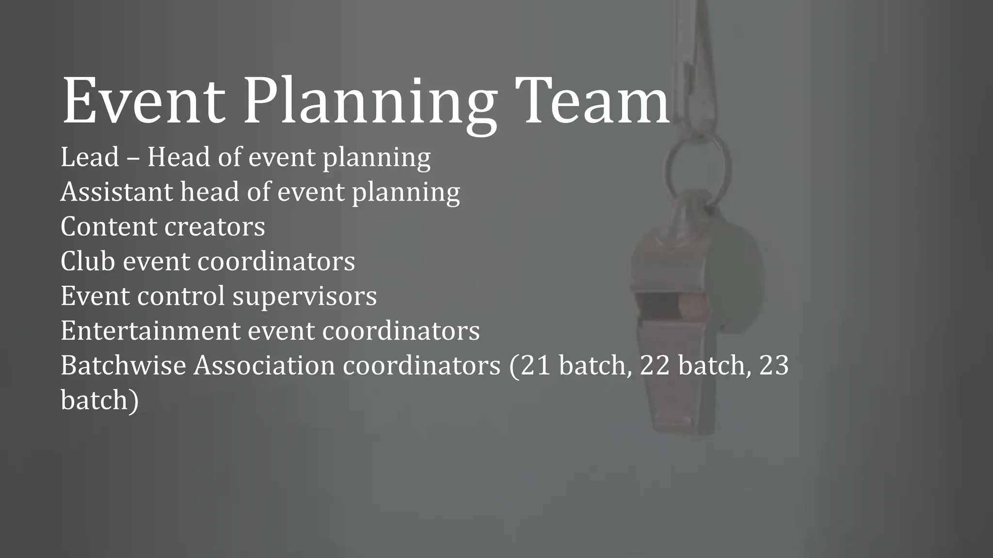 Event Planning Team
Lead – Head of event planning
Assistant head of event planning
Content creators
Club event coordinators
Event control supervisors
Entertainment event coordinators
Batchwise Association coordinators (21 batch, 22 batch, 23
batch)
 