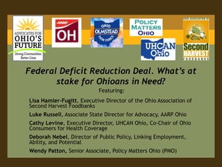 Federal Deficit Reduction Deal. What’s at stake for Ohioans in Need? Featuring: Lisa Hamler-Fugitt, Executive Director of the Ohio Association of Second Harvest Foodbanks Luke Russell, Associate State Director for Advocacy, AARP Ohio Cathy Levine, Executive Director, UHCAN Ohio, Co-Chair of Ohio Consumers for Health Coverage Deborah Nebel, Director of Public Policy, Linking Employment, Ability, and Potential  Wendy Patton, Senior Associate, Policy Matters Ohio (PMO) 