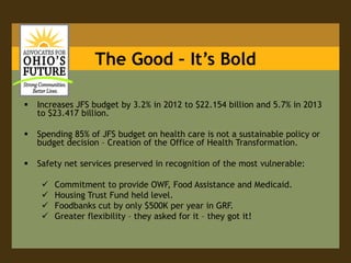 The Good – It’s BoldIncreases JFS budget by 3.2% in 2012 to $22.154 billion and 5.7% in 2013 to $23.417 billion.