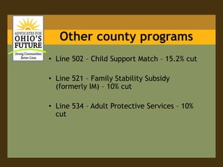 The Bad - Unless the Gold is FoundODJFS 2012/13 Budget request includes 68% Federal & 32% GRF fund appropriations, encompassing 8 programs. Non-Medicaid GRF funding to ODJFS continues to decrease.  In 2008, GRF funding was $968 Million, and in 2011 it is estimated to be $831 Million.40% increase in Food Assistance (SNAP/food stamp) caseloads since the beginning of the Great Recession.  