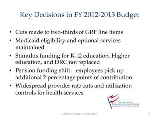 Key Decisions in FY 2012-2013 BudgetCuts made to two-thirds of GRF line itemsMedicaid eligibility and optional services maintainedStimulus funding for K-12 education, Higher education, and DRC not replacedPension funding shift…employees pick up additional 2 percentage points of contributionWidespread provider rate cuts and utilization controls for health servicesExecutive Budget, FY 2012-20133