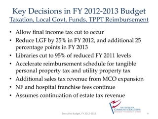 Key Decisions in FY 2012-2013 BudgetTaxation, Local Govt. Funds, TPPT ReimbursementAllow final income tax cut to occurReduce LGF by 25% in FY 2012, and additional 25 percentage points in FY 2013Libraries cut to 95% of reduced FY 2011 levelsAccelerate reimbursement schedule for tangible personal property tax and utility property taxAdditional sales tax revenue from MCO expansionNF and hospital franchise fees continueAssumes continuation of estate tax revenue   Executive Budget, FY 2012-20134