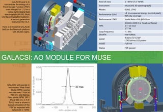 GALACSI goal is to        Field of view      1’  WFM (7.5” NFM)
  concentrate the energy of a
                                     Instrument         Muse (VIS 3D‐spectrograph)
 Point Spread Function (PSF)
     over a large FoV (1’) for a     Modes              GLAO, LTAO
      visible-light integral field
                                                        ×2 in ensquared energy (central pixel), 
  spectrograph (MUSE: Multi          Performance GLAO
Unit Spectrographic Explorer),
                                                        95% sky coverage
          a second generation        Performance LTAO   Strehl Ratio >5% @0.65µm
           instrument for VLT.
                                                        4 LGS L3‐CCD (1 e‐ Read out Noise)
Here: 3-D model of GALACSI
                                     WFS                1 TT L3‐CCD
(left) on the Nasmyth platform                          1 TT IR
             with MUSE (right).      Loop frequency     = 1 kHz
                                     SPARTA             HW=GRAAL
                                                        4 stars ∅2’/∅20”
                                     4LGSF
                                                        LTAO drives LGS power
                                     ASSIST             Full FoV
                                     Status             FDR passed



GALACSI: AO MODULE FOR MUSE


      GALACSI will operate in
       two modes: Wide Field
          Mode (WFM, seeing
        reducer over 1’ FoV at
          750 nm) and Narrow
      Field Mode (NFM, SR ≅
         6% at 650 nm, in 7.5”
        FoV). Here is shown a
      typical simulation of the
         PSF as expected with
           GALACSI in NFM.
 