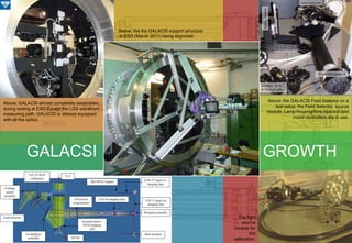 Below: the the GALACSI support structure
                                                 at ESO (March 2011) being alignmed.




                                                                                                           Above: the GALACSI Field Selector on a
Above: GALACSI almost completely assembled,
                                                                                                              test setup: the Field Selector, source
during testing at ESO.Except the LGS wavefront
                                                                                                           module, Lamp housing/fibre injection and
measuring path, GALACSI is already equipped
                                                                                                                       motor controllers are in use.
with all the optics.




           GALACSI                                                                                         GROWTH


                                                                                              The light
                                                                                                 source
                                                                                            module for
                                                                                                     the
                                                                                            calibration.
 