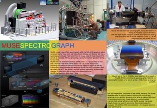 Above: the first of the 3D spectrographs, ready after extensive
                                                                                                                           testing at the CRAL optical laboratory.
                                                                                                  Left: the large MUSE cryogenic system which provides cooling
                                                                                                         and vacuum for the 24 MUSE detectors (-130° C ), in the
                                                                                                                                integration and test phase at ESO




MUSESPECTROGRAPH
          MUSE visible integral field spectrograph splits the GALACSI adaptive optics
          corrected field of view in 24 sub-fields. Each of these sub-fields is fed into a
          spectrograph (Integral Field Unit, IFU). An image slicer in front of each IFU
          serves as entrance slit, thus producing a spatially resolved spectrum of the
          full sub-field.
          MUSE features a Wide Field Mode (WFM) with a 1×1 arcmin field of view
          and a Narrow Field Mode (NFM) with a 7.5×7.5 arcsec field of view,
          providing simultaneous spectra of numerous adjacent regions in the sky.
          A fore-optics tower between the telescope focus and the IFUs hosts a field
          de-rotator, an ADC, the shutter, the field splitting optics and a plate scale
          changer. A calibration unit is close to the telescope focus.
          MUSE total weight is more than 7 tons.
                                                                                                  Above: one of the 24 16-million pixel detectors to be used) in
                                                                                                       MUSE. MUSE combines 24 spectrographs (460-930 nm
                                                                                              wavelength) in order to be able to probe a field of view as large as
                                                                                                                                                         possible.




                                                                                             Left: an image slicer, composed of two optical elements: the image
                                                                                             dissector array (in front) is made of 48 thin (0.9 mm) off-axis
                                                                                             spherical mirrors and the focusing mirror array is made of 48 round
                                                                                             off-axis spherical mirrors. Image slicers, a new technology,
                                                                                             maintain high optical efficiency, and MUSE is using the largest
                                                                                             image slicers ever used in astronomy. Each spectrograph is
                                                                                             equipped with 4000 x 4000 pixel detectors — the largest detectors
                                                                                             used at ESO so far.
 