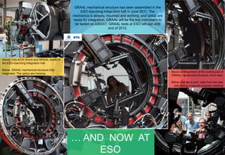 GRAAL mechanical structure has been assembled in the
                                                  ESO-Garching integration hall in June 2011. The
                                             mechanics is already mounted and working, and optics are
                                             ready for integration. GRAAL will be the first instrument to
                                              be tested on ASSIST. GRAAL tests at ESO will last until
                                                                     end of 2012.




Above: GALACSI (front) and GRAAL (back) in
the ESO-Garching integration hall.

Below: GRAAL mechanical structure fully
                                                                                                            Above: enlargement of the central part of
integrated. The optics are missing.
                                                                                                            GRAAL mechanical structure, front view.

                                                                                                            Below: the same part, view from the rear
                                                                                                             side during a special progress meeting




                                             … AND NOW AT
                                                 ESO
 