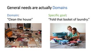 General needs are actually Domains
Domain:
“Clean the house”
Specific goal:
“Fold that basket of laundry.”
 