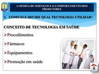 A OFERTA DE SERVIÇOS E O COMPORTAMENTO DOS 
PRODUTORES 
3. COMO ELE DECIDE QUALTECNOLOGIA UTILIZAR? 
CONCEITO DE TECNOLOGIA EM SAÚDE 
Procedimentos 
Fármacos 
Equipamentos 
Promoção em saúde 
 