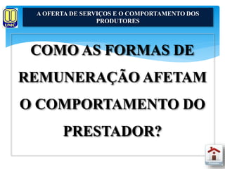 A OFERTA DE SERVIÇOS E O COMPORTAMENTO DOS 
PRODUTORES 
COMO AS FORMAS DE 
REMUNERAÇÃO AFETAM 
O COMPORTAMENTO DO 
PRESTADOR? 
 