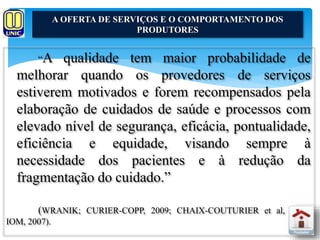 “A qualidade tem maior probabilidade de 
melhorar quando os provedores de serviços 
estiverem motivados e forem recompensados pela 
elaboração de cuidados de saúde e processos com 
elevado nível de segurança, eficácia, pontualidade, 
eficiência e equidade, visando sempre à 
necessidade dos pacientes e à redução da 
fragmentação do cuidado.” 
(WRANIK; CURIER-COPP, 2009; CHAIX-COUTURIER et al, 2000; 
IOM, 2007). 
A OFERTA DE SERVIÇOS E O COMPORTAMENTO DOS 
PRODUTORES 
 
