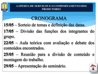 A OFERTA DE SERVIÇOS E O COMPORTAMENTO DOS 
PRODUTORES 
CRONOGRAMA 
15/05 – Sorteio de temas e definição das datas. 
17/05 – Divisão das funções dos integrantes do 
grupo. 
22/05 – Aula teórica com avaliação e debate dos 
conteúdos encontrados. 
25/05 – Reunião para a divisão de conteúdo e 
montagem do trabalho. 
29/05 – Apresentação do seminário. 
 