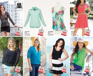 3433
$259PC8018185
AF3010
Blusa
10 Negro
GR, XG
$259PC3818150
AG4210
Blusa
10 Negro
32, 34, 36, 38
$259PC0418140
AL2888
Blusa
88 Azul Agua
CH, ME, XG
$259PC0218154
VI0810
Vestido
10 Negro
CH, ME, XG
$259PC5218116
AF3727
Blusa
27 Sky Blue
CH, ME, GR
$259PC7718116
AG4372
Blusa
72 Verde Jaspe
32, 34
$259PC6318146
VE3541
Vestido
41 Coral
CH, ME, GR, XG
$269PC7118894
AC5516
Blusa
16 Verde Bandera
ME, GR, XG
 