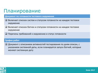Киев 2017
Планирование
Документ по готовности тестового окружения
 Включает спискок систем и статусом готовности на каждо...