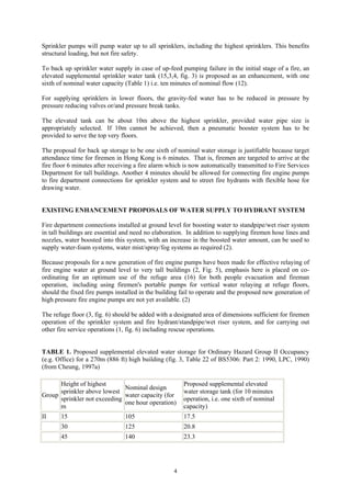 Sprinkler pumps will pump water up to all sprinklers, including the highest sprinklers. This benefits
structural loading, but not fire safety.
To back up sprinkler water supply in case of up-feed pumping failure in the initial stage of a fire, an
elevated supplemental sprinkler water tank (15,3,4, fig. 3) is proposed as an enhancement, with one
sixth of nominal water capacity (Table 1) i.e. ten minutes of nominal flow (12).
For supplying sprinklers in lower floors, the gravity-fed water has to be reduced in pressure by
pressure reducing valves or/and pressure break tanks.
The elevated tank can be about 10m above the highest sprinkler, provided water pipe size is
appropriately selected. If 10m cannot be achieved, then a pneumatic booster system has to be
provided to serve the top very floors.
The proposal for back up storage to be one sixth of nominal water storage is justifiable because target
attendance time for firemen in Hong Kong is 6 minutes. That is, firemen are targeted to arrive at the
fire floor 6 minutes after receiving a fire alarm which is now automatically transmitted to Fire Services
Department for tall buildings. Another 4 minutes should be allowed for connecting fire engine pumps
to fire department connections for sprinkler system and to street fire hydrants with flexible hose for
drawing water.
EXISTING ENHANCEMENT PROPOSALS OF WATER SUPPLY TO HYDRANT SYSTEM
Fire department connections installed at ground level for boosting water to standpipe/wet riser system
in tall buildings are essential and need no elaboration. In addition to supplying firemen hose lines and
nozzles, water boosted into this system, with an increase in the boosted water amount, can be used to
supply water-foam systems, water mist/spray/fog systems as required (2).
Because proposals for a new generation of fire engine pumps have been made for effective relaying of
fire engine water at ground level to very tall buildings (2, Fig. 5), emphasis here is placed on co-
ordinating for an optimum use of the refuge area (16) for both people evacuation and fireman
operation, including using firemen's portable pumps for vertical water relaying at refuge floors,
should the fixed fire pumps installed in the building fail to operate and the proposed new generation of
high pressure fire engine pumps are not yet available. (2)
The refuge floor (3, fig. 6) should be added with a designated area of dimensions sufficient for firemen
operation of the sprinkler system and fire hydrant/standpipe/wet riser system, and for carrying out
other fire service operations (1, fig. 6) including rescue operations.
TABLE 1. Proposed supplemental elevated water storage for Ordinary Hazard Group II Occupancy
(e.g. Office) for a 270m (886 ft) high building (fig. 3, Table 22 of BS5306: Part 2: 1990, LPC, 1990)
(from Cheung, 1997a)
Group
Height of highest
sprinkler above lowest
sprinkler not exceeding
m
Nominal design
water capacity (for
one hour operation)
Proposed supplemental elevated
water storage tank (for 10 minutes
operation, i.e. one sixth of nominal
capacity)
II 15 105 17.5
30 125 20.8
45 140 23.3
4
 