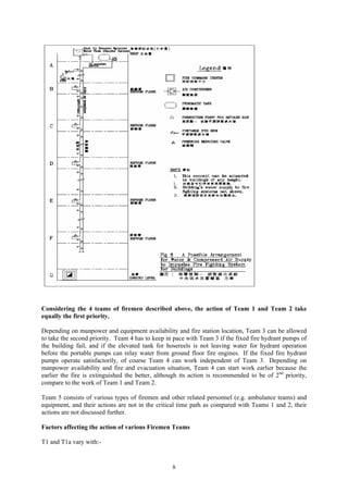 Considering the 4 teams of firemen described above, the action of Team 1 and Team 2 take
equally the first priority.
Depending on manpower and equipment availability and fire station location, Team 3 can be allowed
to take the second priority. Team 4 has to keep in pace with Team 3 if the fixed fire hydrant pumps of
the building fail, and if the elevated tank for hosereels is not leaving water for hydrant operation
before the portable pumps can relay water from ground floor fire engines. If the fixed fire hydrant
pumps operate satisfactorily, of course Team 4 can work independent of Team 3. Depending on
manpower availability and fire and evacuation situation, Team 4 can start work earlier because the
earlier the fire is extinguished the better, although its action is recommended to be of 2nd
priority,
compare to the work of Team 1 and Team 2.
Team 5 consists of various types of firemen and other related personnel (e.g. ambulance teams) and
equipment, and their actions are not in the critical time path as compared with Teams 1 and 2, their
actions are not discussed further.
Factors affecting the action of various Firemen Teams
T1 and T1a vary with:-
8
 