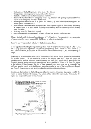 • the location of the building relative to the nearby fire stations
• the equipment and manpower available in these fire stations
• the traffic conditions and traffic thoroughfare available
• the availability of mechanised emergency access (e.g. firemen's lift opening to protected lobbies
backed up by emergency power) to the fire floor
• the fire growth and the extent of its spread and control (e.g. Is the staircase smoke logged? Has
the fire spread to other floors?)
• the evacuation conditions of the occupants (Are the occupants trapped in the staircase which may
be smoke-logged, or in other places, requiring firemen’s help, who are then delayed from arriving
at the fire floor)
• the height of the fire floor above ground
• other unforeseen circumstances such as heavy rain and bad weather, road works, etc.
T2 vary similarly with the items of consideration of T1, T1a above. For example, if a new generation
of high pressure fire pumps are available (2) T2 may be reduced substantially.
Times T3 and T4 are similarly affected by the factors stated above.
In one hypothetical building having one refuge floor every 45m up the building (Fig 2, 3, 5, 6), T1, T2,
T3, T4 (Fig 7) could be expected to vary (Table 2) respectively from 5.5 min. to 8 min., 8 min. to 13
min., 8 min. to 15 min., 8 to 12 min. If conditions are not favourable, these T1, T2, T3 and T4 may be
longer.
This brings in reconsideration of the size of the elevated water tank(s) for the sprinkler system and the
fire hydrant system. The size should be larger as the building goes taller. This will ensure the
sprinkler system, and the hosereels are continuously and sufficiently supplied with water before the
firemen's portable pumps can operate, assuming the worst condition of failure of all fixed fire pumps
in the building. [ Note however the size of these elevated water tanks need not be enlarged if the
sufficient security guards in the building are trained up to take up part of the job of firemen Team 2
and Team 3 – See section on anti-terrorist and anti-arsonist considerations below.]
Similarly, as the fire floor in the building goes taller, the number of firemen, fire engine, portable fire
pumps to attend the fire will increase. The actions of the related fire stations, the firemen, the fire
engine and equipment, have to be pre-planned.
9
 