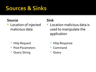 Source Location of injected malicious data Http Request Post Parameters Query String Sink Location malicious data is used to manipulate the application Http Response Command Query 