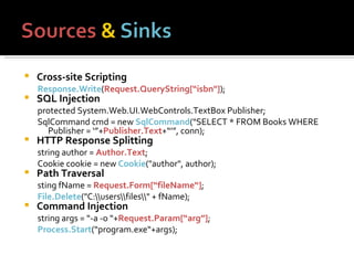 Cross-site Scripting Response.Write ( Request.QueryString[“isbn"] ); SQL Injection protected System.Web.UI.WebControls.TextBox Publisher; SqlCommand cmd = new  SqlCommand (“SELECT * FROM Books WHERE Publisher = ‘”+ Publisher.Text +“’”, conn); HTTP Response Splitting string author =  Author.Text ;  Cookie cookie = new  Cookie ("author", author); Path Traversal sting fName =  Request.Form[“fileName“] ; File.Delete ("C:\\users\\files\\" + fName); Command Injection string args = “-a -o “+ Request.Param[“arg”] ; Process.Start (“program.exe“+args); 