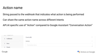 Action name
String passed to the webhook that indicates what action is being performed
Can share the same action name across different Intents
API.AI specific use of “Action” compared to Google Assistant “Conversation Action”
 