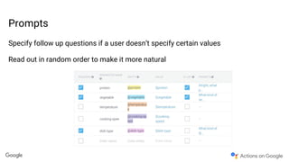Prompts
Specify follow up questions if a user doesn’t specify certain values
Read out in random order to make it more natural
 