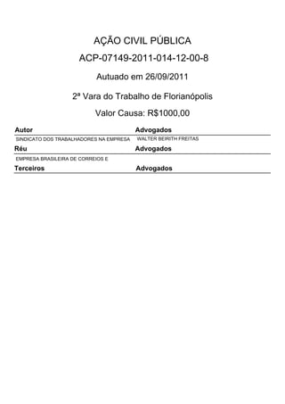 AÇÃO CIVIL PÚBLICA
                     ACP-07149-2011-014-12-00-8
                           Autuado em 26/09/2011

                   2ª Vara do Trabalho de Florianópolis
                           Valor Causa: R$1000,00
Autor                                    Advogados
SINDICATO DOS TRABALHADORES NA EMPRESA   WALTER BEIRITH FREITAS

Réu                                      Advogados
EMPRESA BRASILEIRA DE CORREIOS E

Terceiros                                Advogados
 