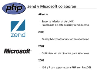 Zend y Microsoft colaboran
     Al inicio

      ●   Soporte inferior al de UNIX
      ●   Problemas de estabilidad y rendimiento

     2006

      ●   Zend y Microsoft anuncian colaboración

     2007

      ●   Optimización de binarios para Windows

     2008

      ●   IIS6 y 7 con soporte para PHP con FastCGI
 
