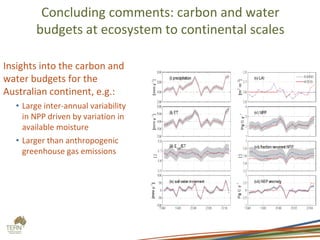 Concluding comments: carbon and water
budgets at ecosystem to continental scales
Insights into the carbon and
water budgets for the
Australian continent, e.g.:
• Large inter-annual variability
in NPP driven by variation in
available moisture
• Larger than anthropogenic
greenhouse gas emissions
 