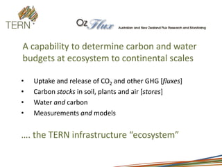 A capability to determine carbon and water
budgets at ecosystem to continental scales
• Uptake and release of CO2 and other GHG [fluxes]
• Carbon stocks in soil, plants and air [stores]
• Water and carbon
• Measurements and models
…. the TERN infrastructure “ecosystem”
 