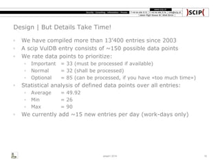 Design | But Details Take Time!
◦ We have compiled more than 13’400 entries since 2003
◦ A scip VulDB entry consists of ~150 possible data points
◦ We rate data points to prioritize:
◦ Important = 33 (must be processed if available)
◦ Normal = 32 (shall be processed)
◦ Optional = 85 (can be processed, if you have «too much time»)
◦ Statistical analysis of defined data points over all entries:
◦ Average = 49.92
◦ Min = 26
◦ Max = 90
◦ We currently add ~15 new entries per day (work-days only)
area41 2014 10
 