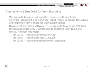 Connectivity | Use Data for Vuln Scanning
◦ We are able to construct specific requests with our fields
software_argument and software_input_value to create test cases
and exploits (very simple for web-based vulns)
◦ Because of the fields software_* we are able to provide CPE lists
[http://cpe.mitre.org/], which can be matched with tools like
Nmap. Random examples:
◦ ID 12313 → cpe:/a:sap:netweaver:7.30
◦ ID 12802 → cpe:/o:cisco:ios:15.4(1.1)t
◦ ID 13306 → cpe:/a:microsoft:internet_explorer:8
area41 2014 45
 