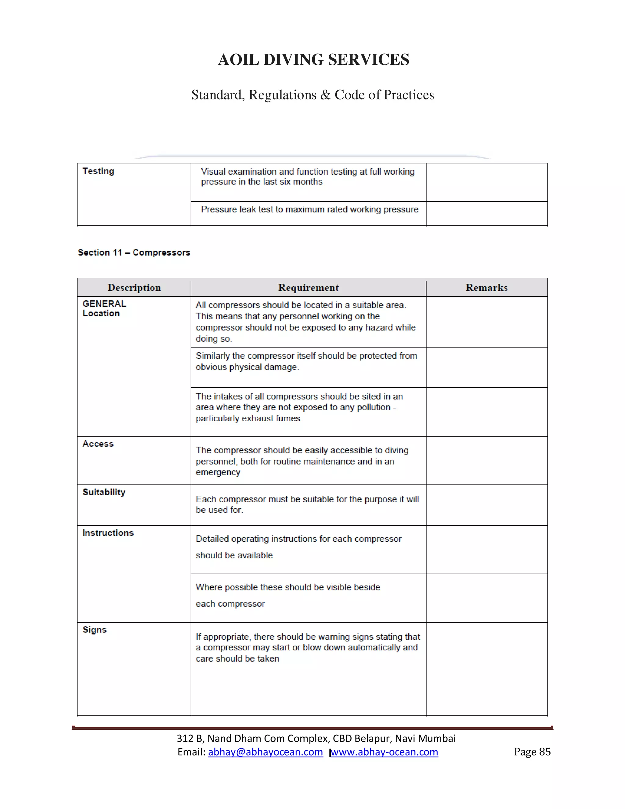 312 B, Nand Dham Com Complex, CBD Belapur, Navi Mumbai
Email: abhay@abhayocean.com www.abhay-ocean.com Page 85
AOIL DIVING SERVICES
Standard, Regulations & Code of Practices
 