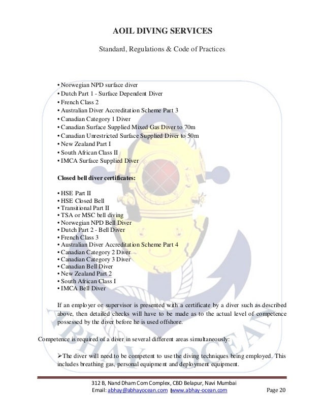 Aoil diving code,& standards 2016