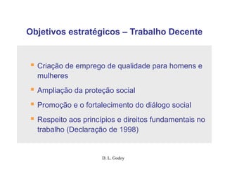 D. L. Godoy
 Criação de emprego de qualidade para homens e
mulheres
 Ampliação da proteção social
 Promoção e o fortalecimento do diálogo social
 Respeito aos princípios e direitos fundamentais no
trabalho (Declaração de 1998)
Objetivos estratégicos – Trabalho Decente
 