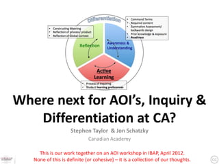 Where next for AOI’s, Inquiry &
   Differentiation at CA?
                    Stephen Taylor & Jon Schatzky
                             Canadian Academy

     This is our work together on an AOI workshop in IBAP, April 2012.
   None of this is definite (or cohesive) – it is a collection of our thoughts.
 