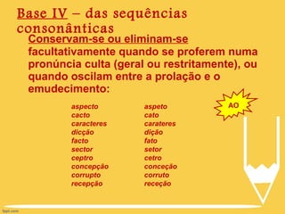 Conservam-se ou eliminam-se  facultativamente quando se proferem numa pronúncia culta (geral ou restritamente), ou quando oscilam entre a prolação e o emudecimento: Base IV  – das sequências consonânticas AO aspecto cacto caracteres dicção facto sector ceptro concepção corrupto recepção  aspeto cato carateres dição fato setor cetro conceção corruto receção  