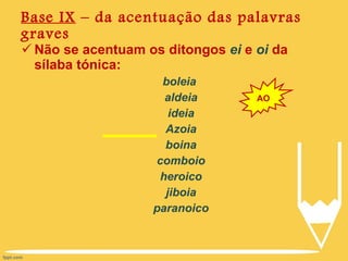 Base IX  – da acentuação das palavras graves Não se acentuam os ditongos  ei  e  oi  da sílaba tónica: boleia  aldeia ideia Azoia boina comboio heroico jiboia paranoico AO 